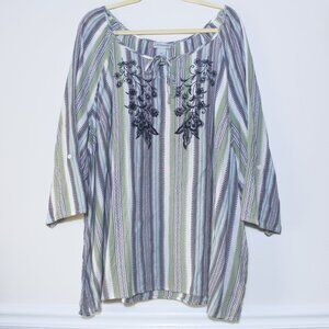 Catherines Embroidered Cotton Peasant Top 3/4 Sleeve Striped Boho Flowy Size 4X